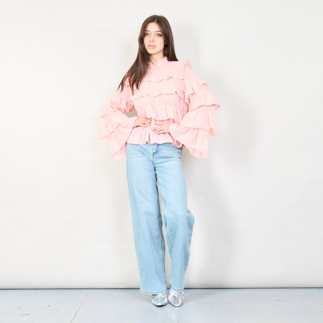 Sheer ruffled blouse with layered details in pink – Heleina.com