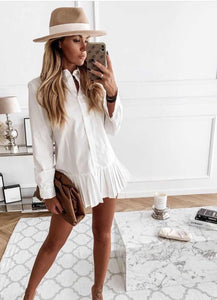 Long Sleeve White Pleated Shirt - Dress