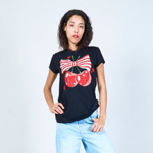 Load image into Gallery viewer, Playful cherry and bow graphic t-shirt in white