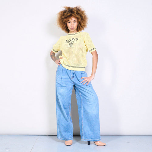 Textured knit top with lettering in yellow