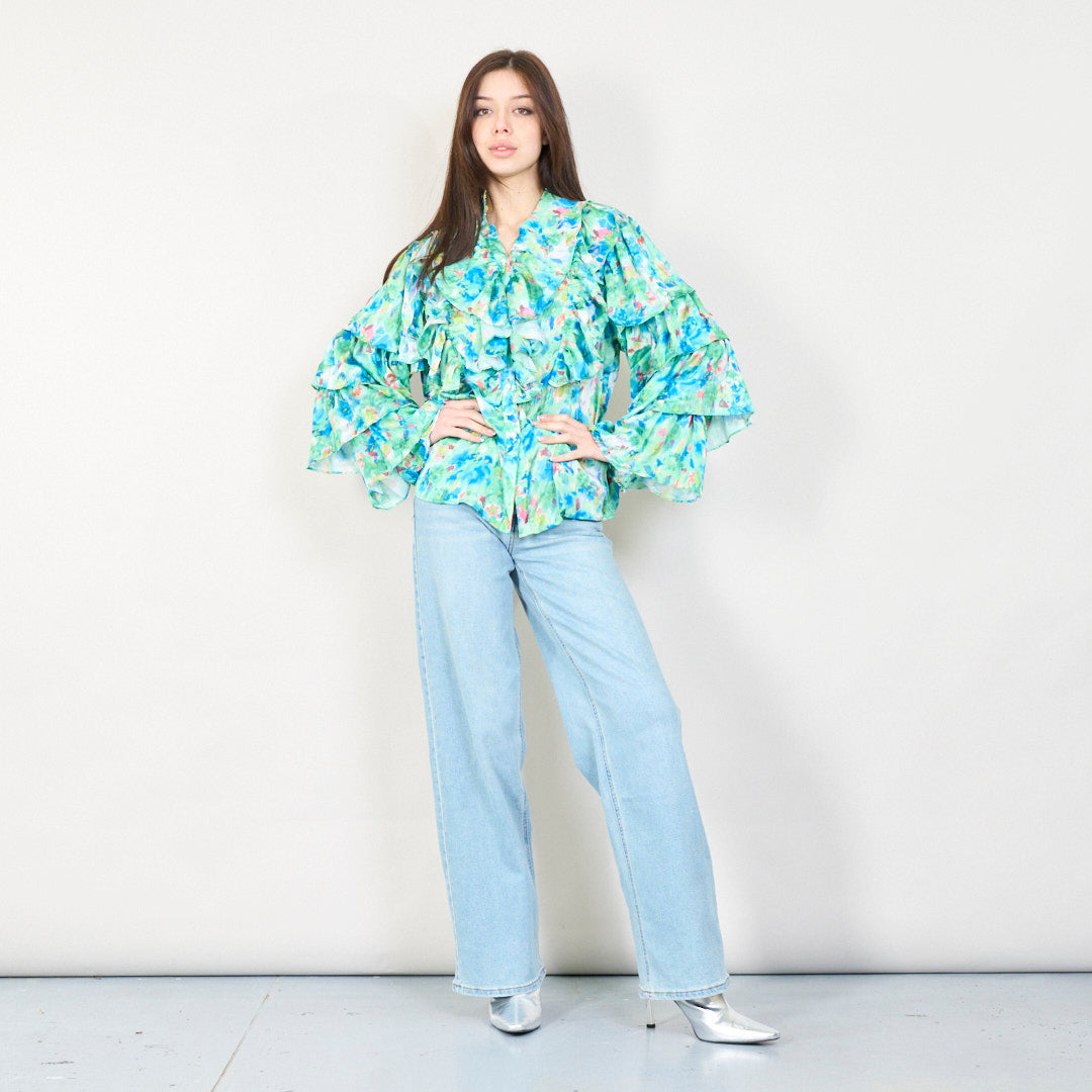 Floral ruffled blouse with embellishments in Green