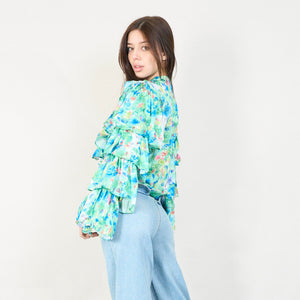 Floral ruffled blouse with embellishments in Green