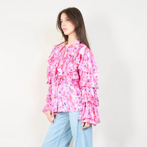 Floral ruffled blouse with embellishments in pink