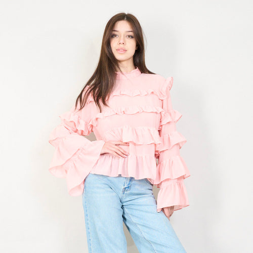 Sheer ruffled blouse with layered details in pink