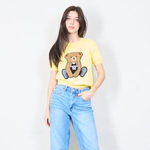 Knitted top with teddy bear embroidery in yellow