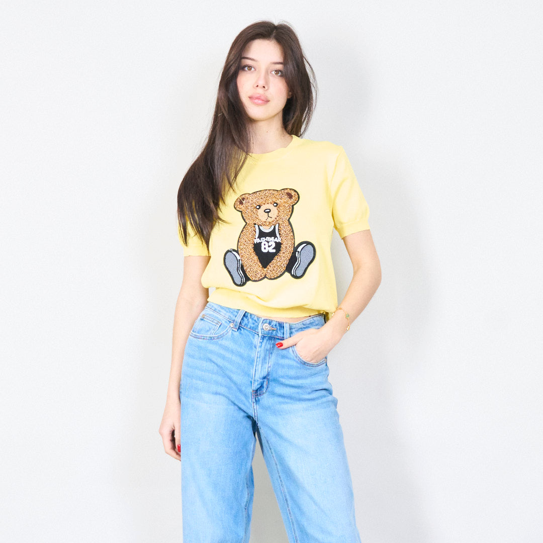 Knitted top with teddy bear embroidery in yellow
