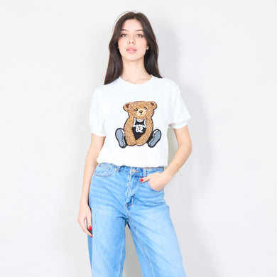 Knitted top with teddy bear embroidery in white