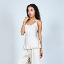 Load image into Gallery viewer, Delicate satin cami top with fringe detail in beige