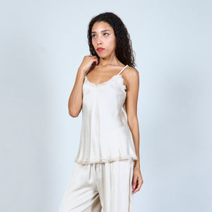 Delicate satin cami top with fringe detail in beige