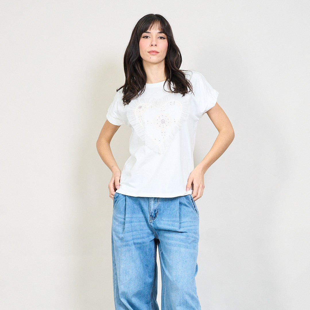 Heart applique tulle trim t-shirt