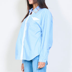 Striped button-up shirt with embellished collar