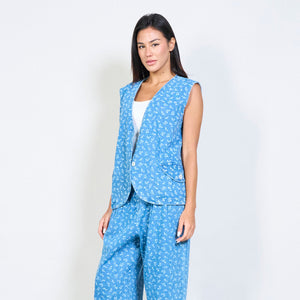 Floral print denim vest with button front